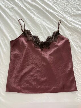 Madewell Wine Satin Slip with Black Lace Trim